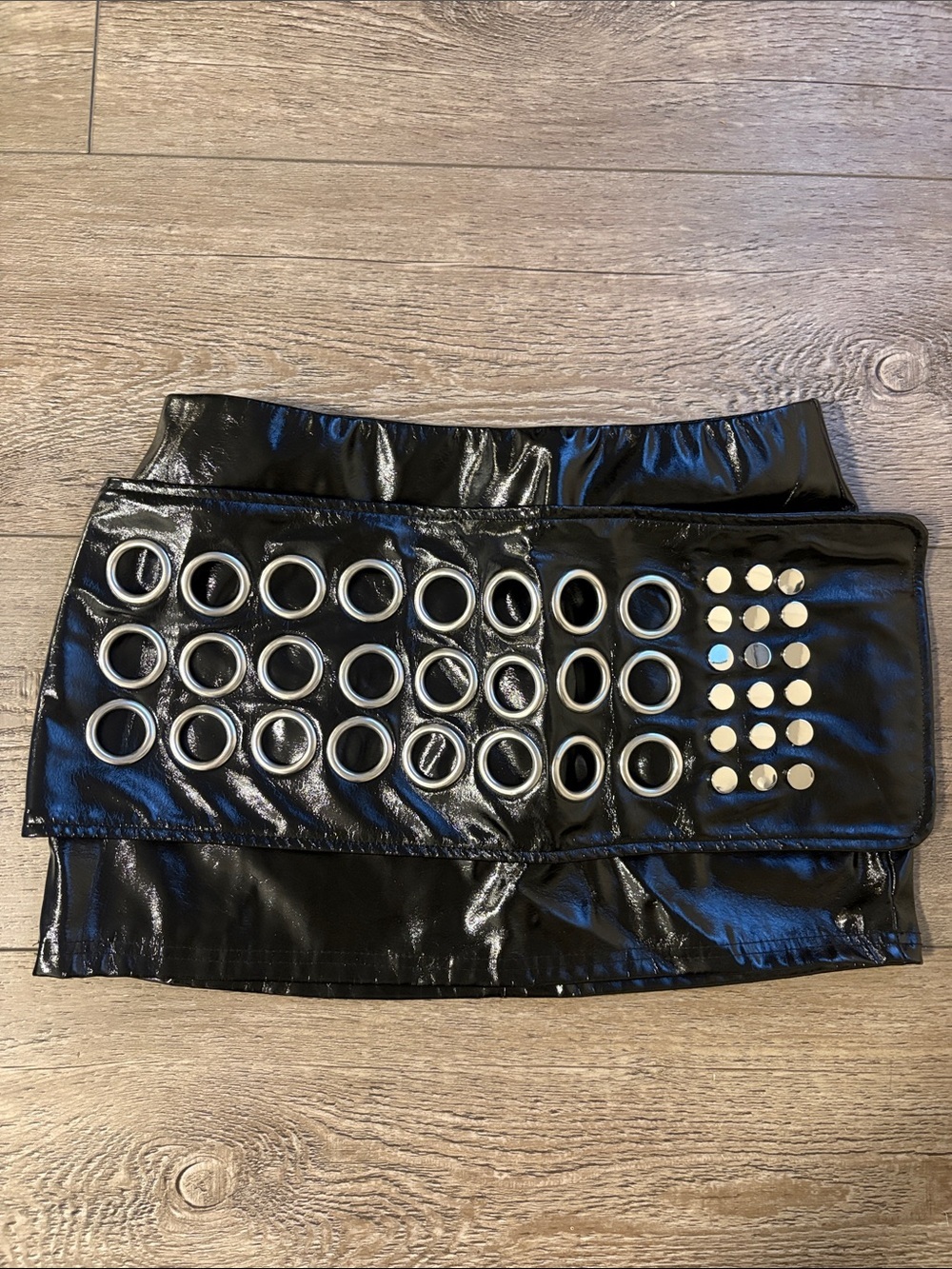 Shein Black Vegan Faux Leather Mini Skirt w Grommet & Stud Detail Oversized Belt